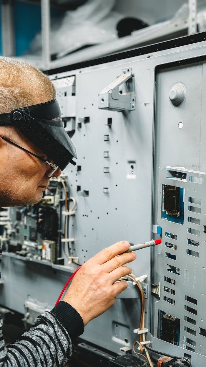 Engineer uses tools to inspect industrial machinery, wearing safety equipment.